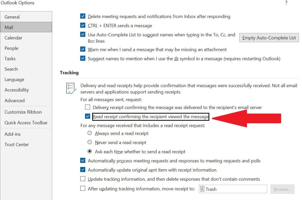recibo de lectura de microsoft outlook siempre