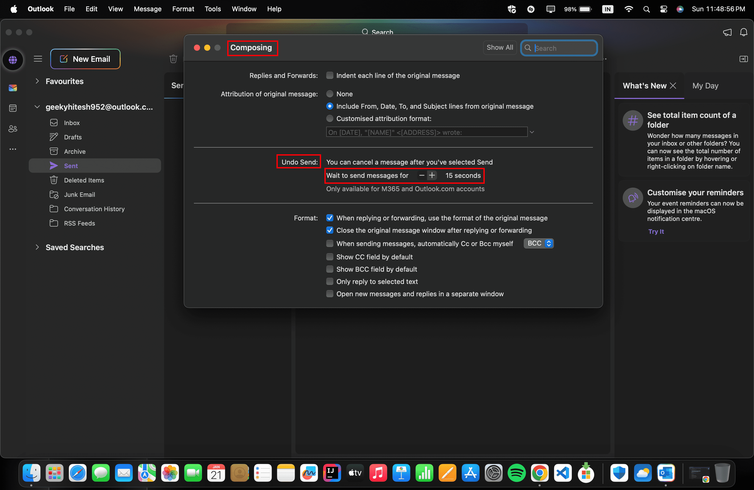 come annullare l'invio di email su outlook e gmail- selezione della durata di annullamento email sull'app outlook per mac