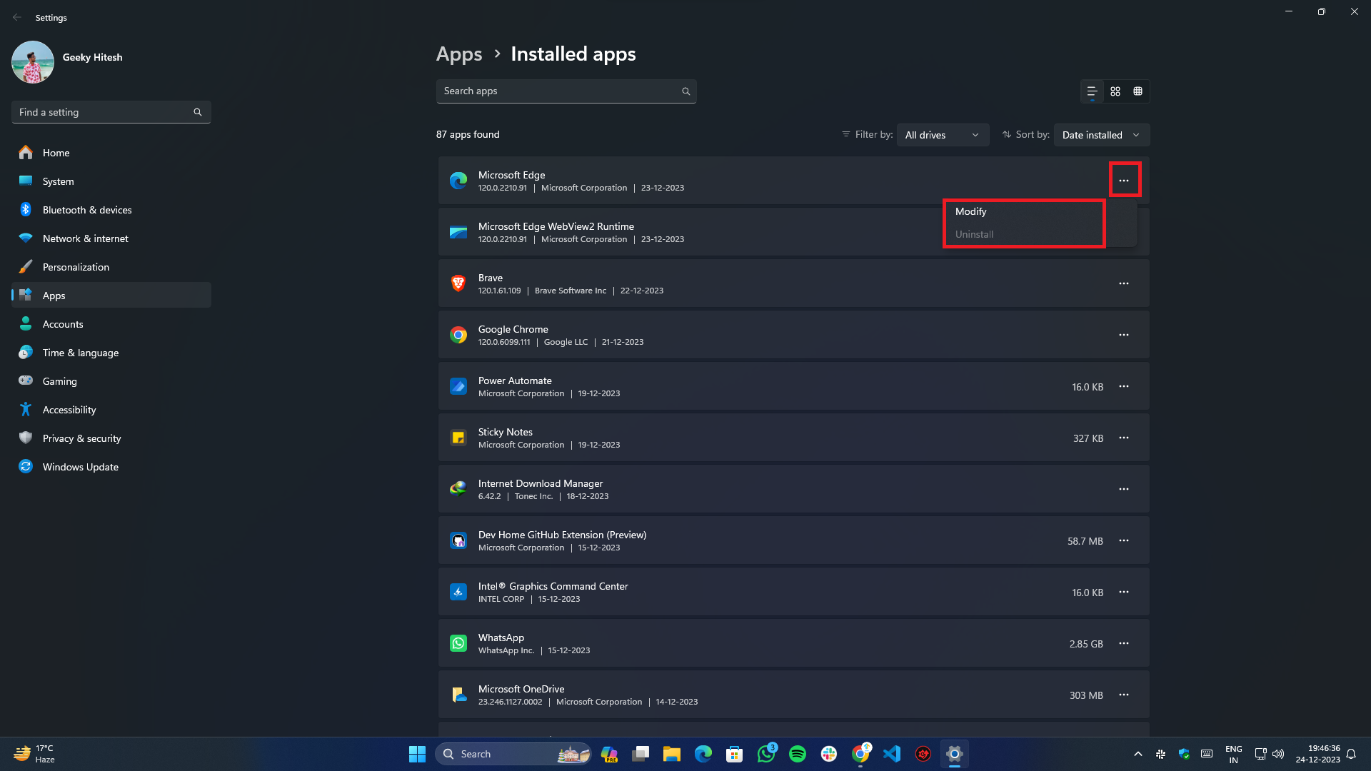 Beheben des Clock Watchdog Timeout unter Windows - installierte Apps ändern/entfernen Optionen