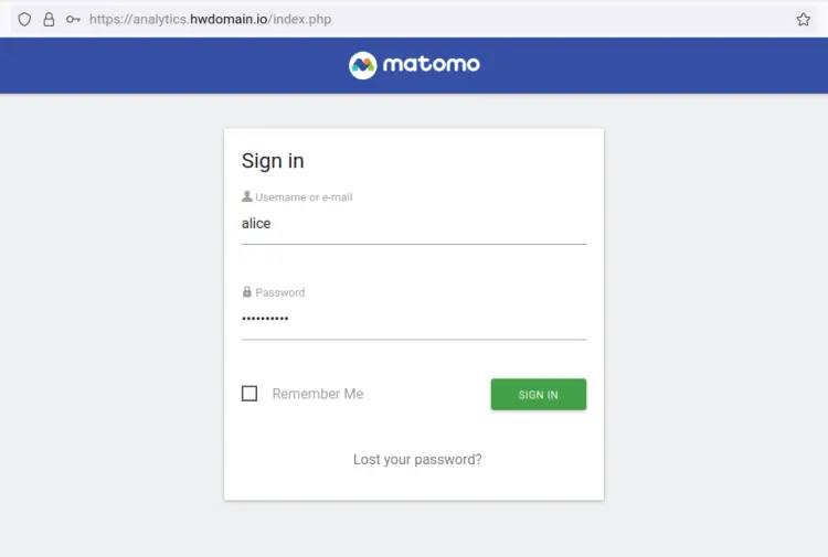 página de inicio de sesión de Matomo