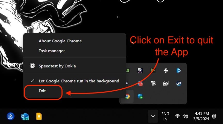 clicca su esci per chiudere l'app