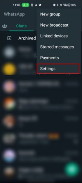 imagem mostrando configurações do whatsapp