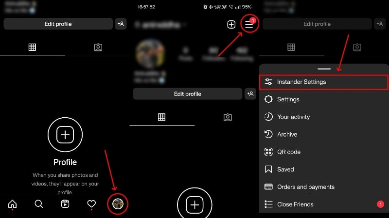 configurações do instander