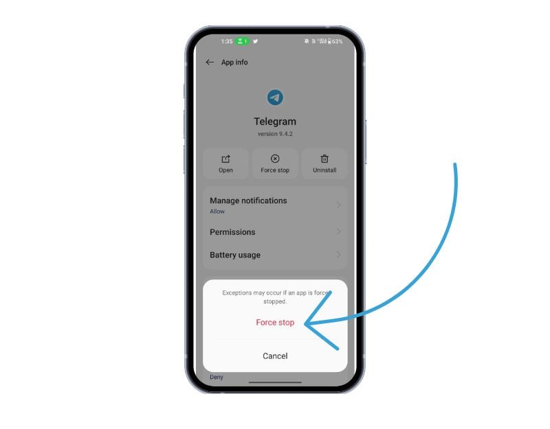 imagen mostrando la aplicación telegram forzada a detener