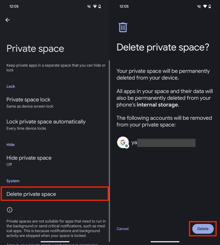 supprimer l'espace privé sur un téléphone pixel.