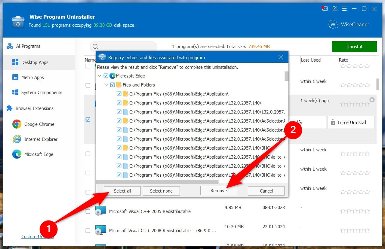 удалить все файлы реестра microsoft edge