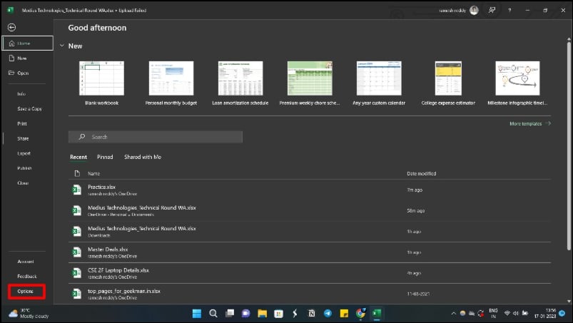 imagem mostrando as principais opções do arquivo excel