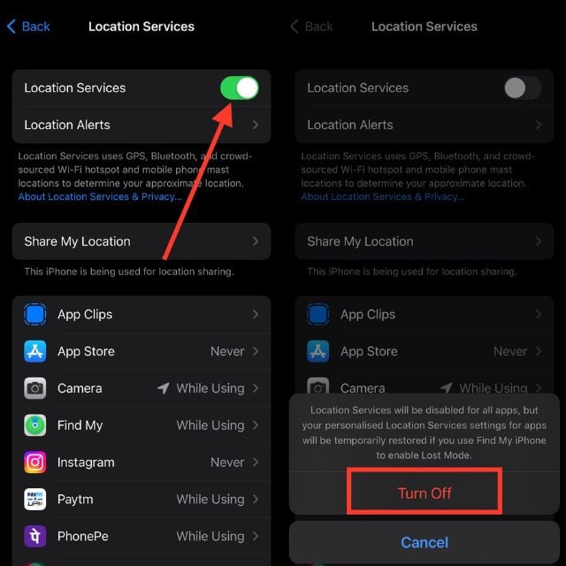 desactivar el interruptor a la derecha de los servicios de ubicación
