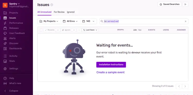 Panel de control de seguimiento de errores de Sentry
