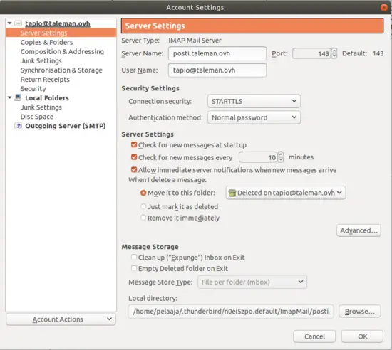 Configuración del servidor de Thunderbird