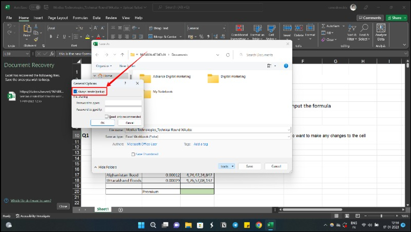 imagem mostrando opção de backup do arquivo excel