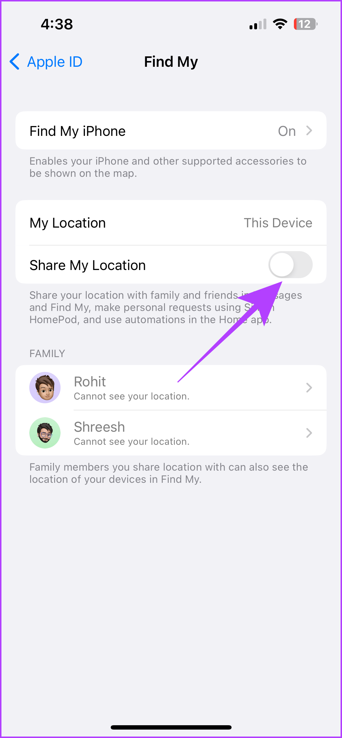 configurações de compartilhamento de localização do buscar meu iphone
