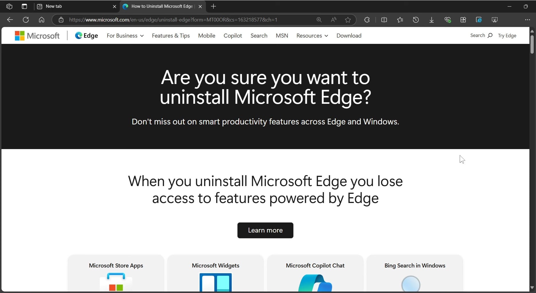 вводящая в заблуждение страница удаления microsoft edge