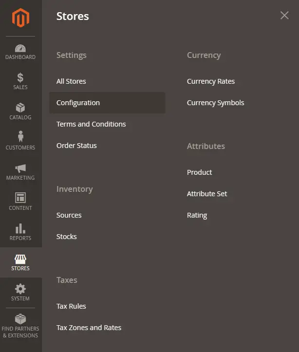 Magento Stores >> Konfigurationsmenü