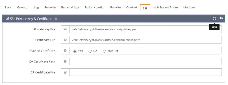 OpenLiteSpeed Let's Encrypt SSL-Schlüssel und Zertifikat