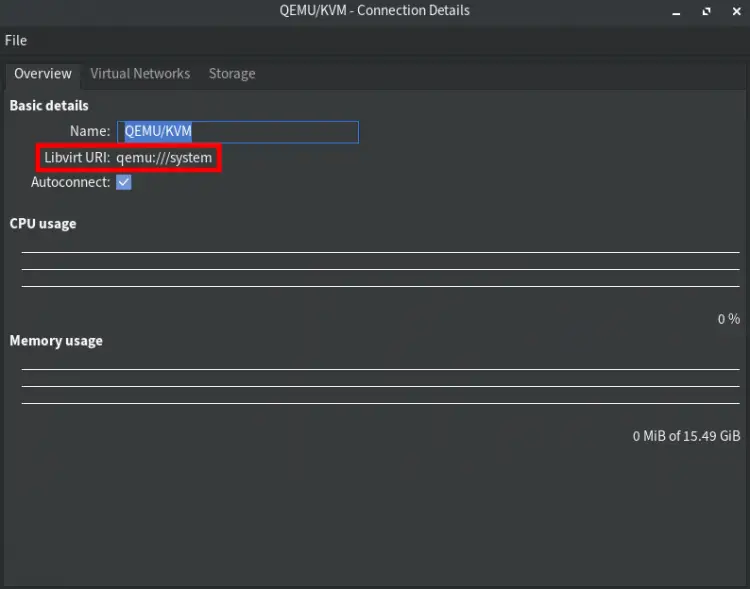 virt-manager автоматически подключится к QEMU/KVM в системе