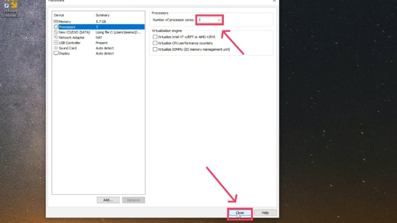 définir les cœurs cpu de la machine virtuelle