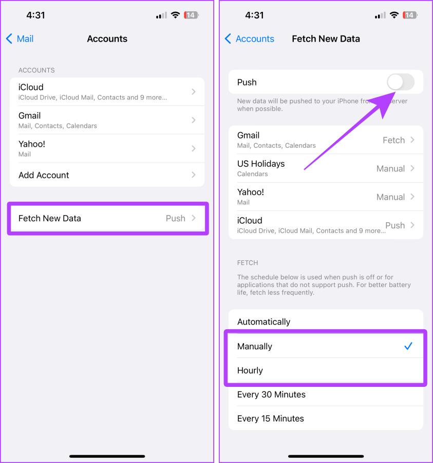 configurações de buscar novos dados no mail iphone