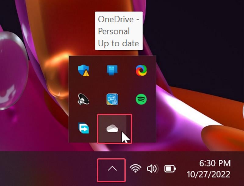 seleziona onedrive dall'area di notifica