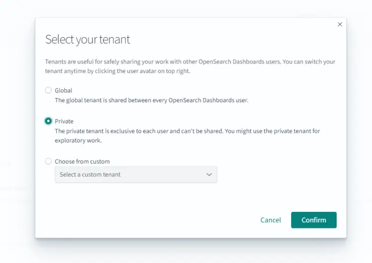 Schermata di Selezione Inquilino OpenSearch Dashboards