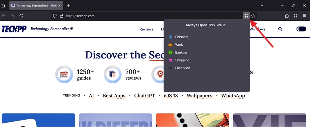 aggiungi sito web a un contenitore di firefox