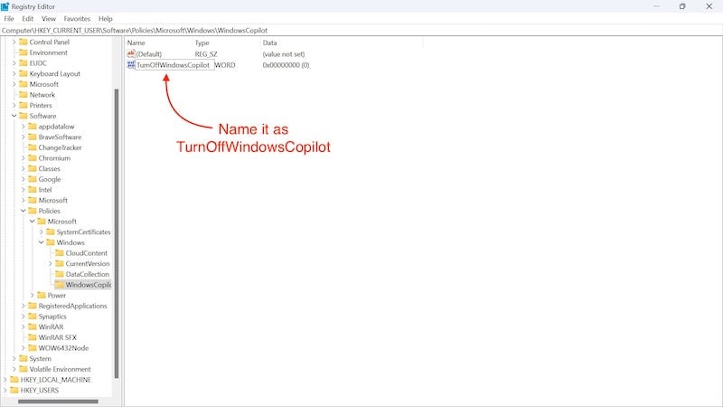 переименуйте значение в: turnoffwindowscopilot