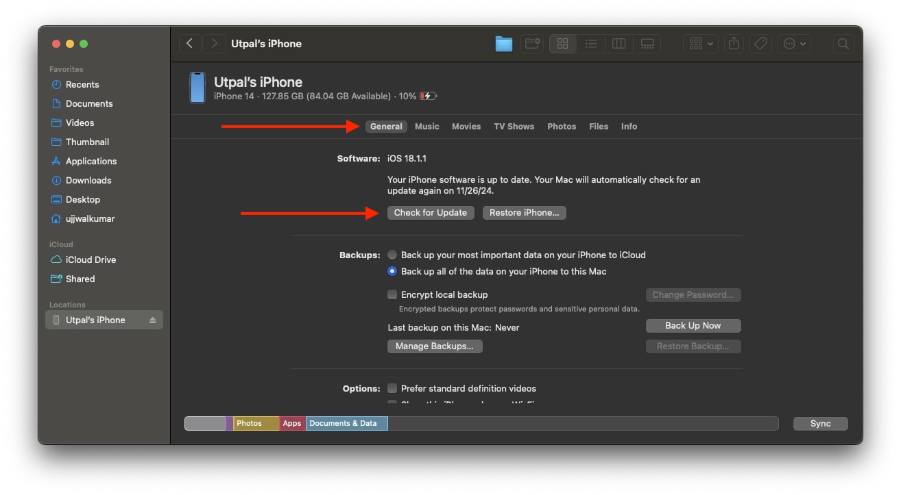 como corrigir a tela preta da morte no iphone - clique em verificar atualização