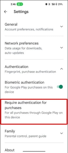 imagem mostrando configurações de autenticação no google playstore