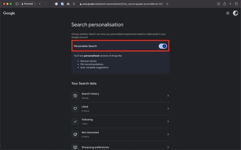 toggle de personnaliser la recherche.