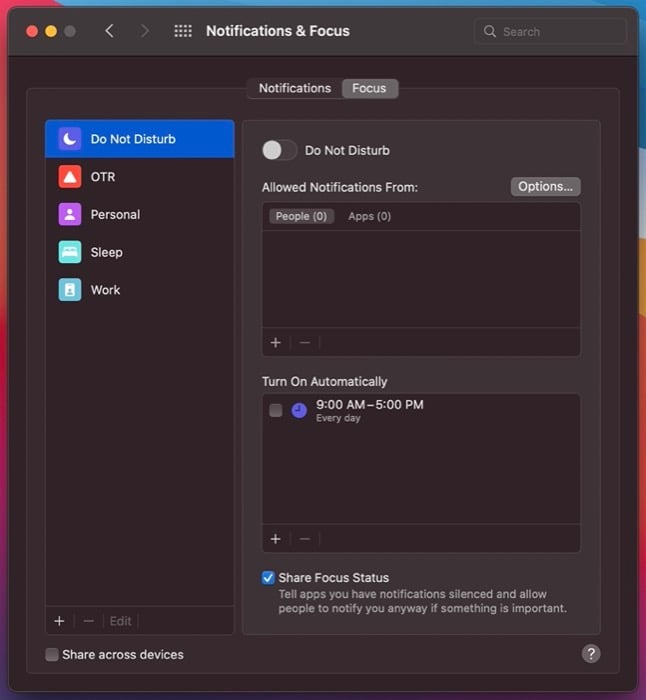 desactivar compartir enfoque entre dispositivos