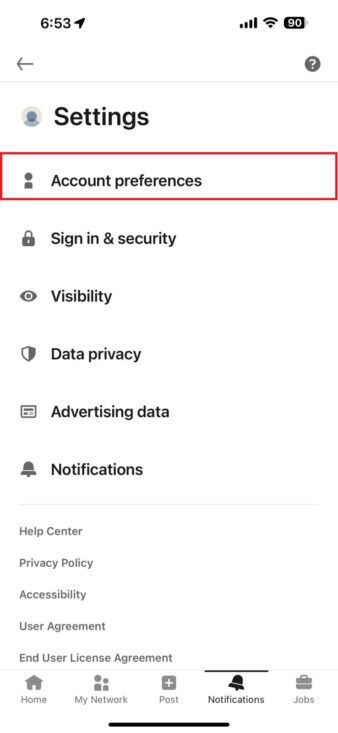 wie man ein linkedin-konto löscht- kontoeinstellungen tab