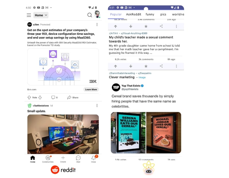 reddit app vs atom for reddit app home screen interface comparision