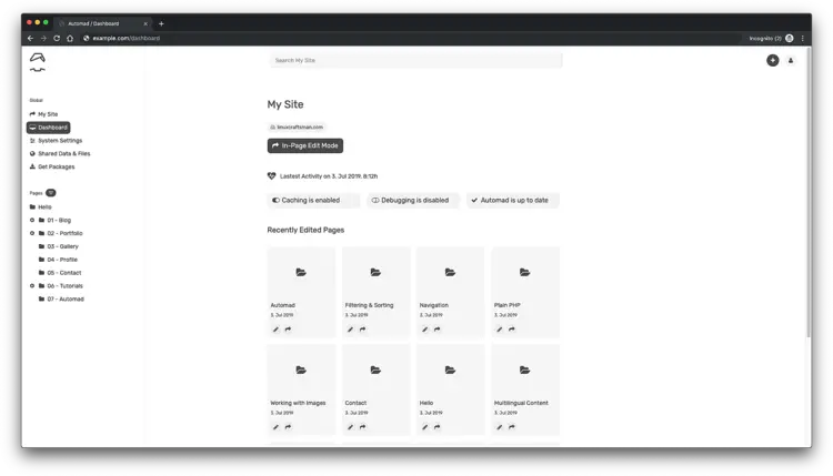 Automad CMS 대시보드