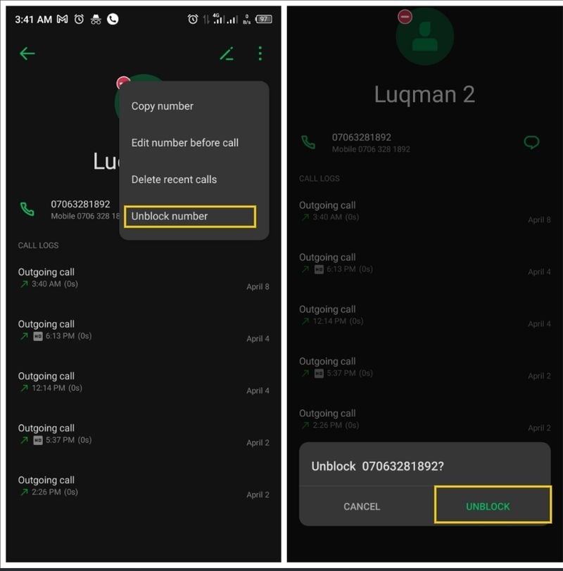 desbloquear um número no android através do registro de chamadas