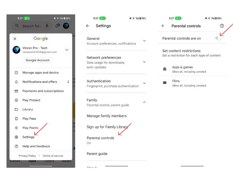 imagem mostrando controles parentais do google play