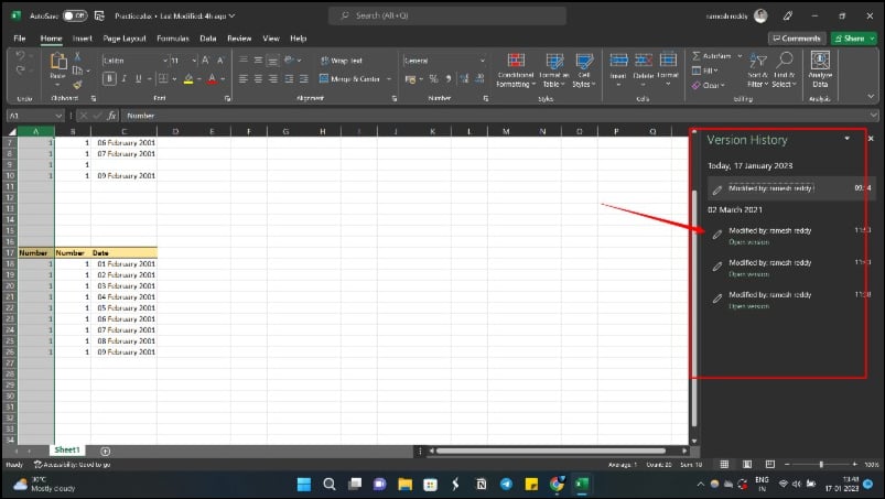 imagem mostrando o histórico de versões do arquivo do excel