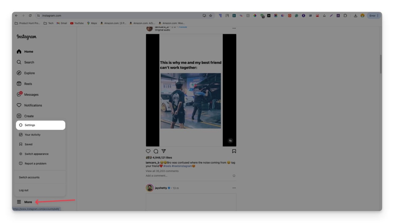 configurações do instagram desktop