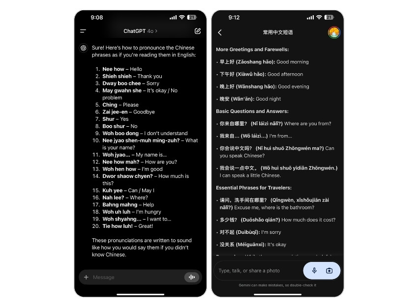 chatgpt and google gemini language translations