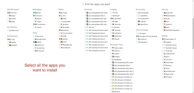 selecione todos os aplicativos que deseja instalar