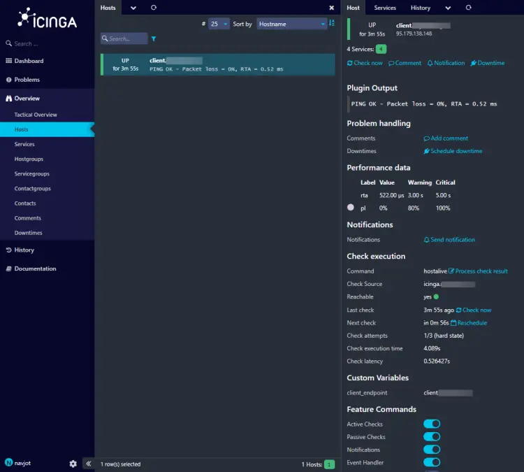 Pagina degli host del dashboard di Icinga Web
