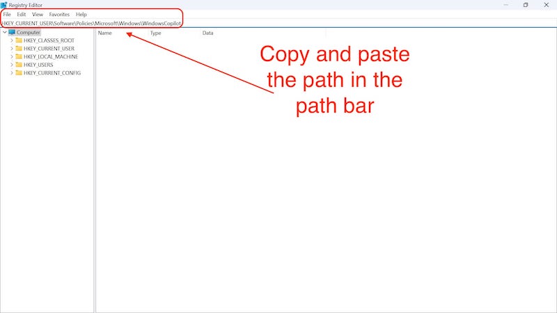вставьте следующий путь: hkey_current_usersoftwarepoliciesmicrosoftwindowswindowscopilot