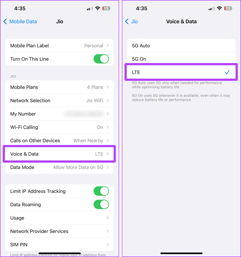 configurações 4g 5g iphone