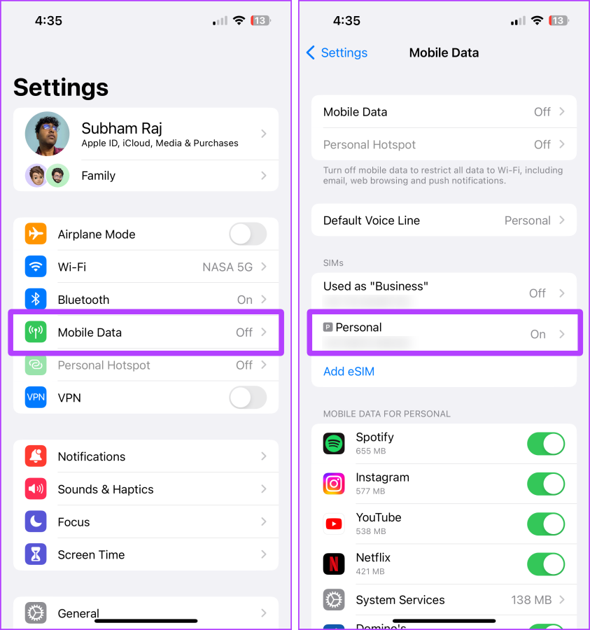 configurações de dados móveis iphone
