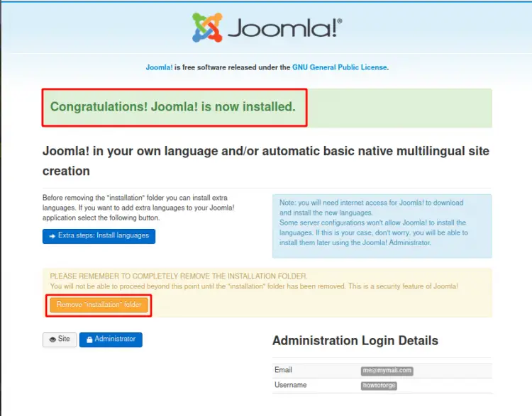 Joomla가 이제 설치되었습니다