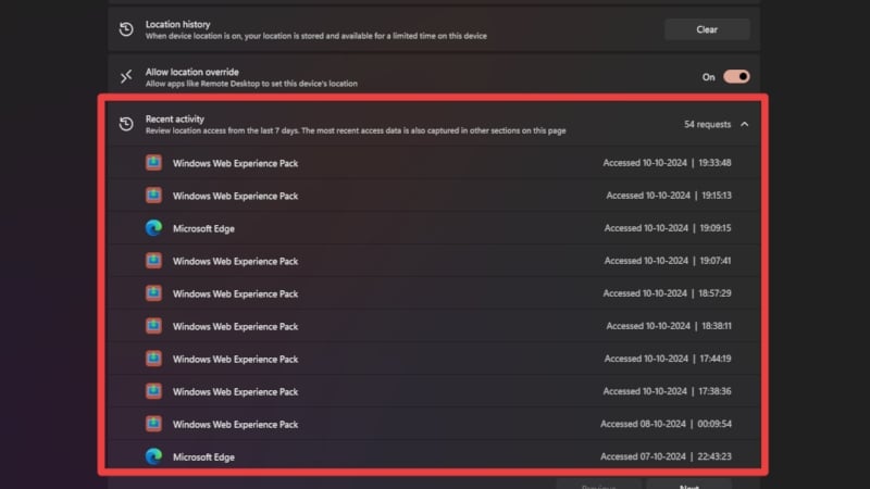 最近デバイスの位置データにアクセスしたアプリの履歴