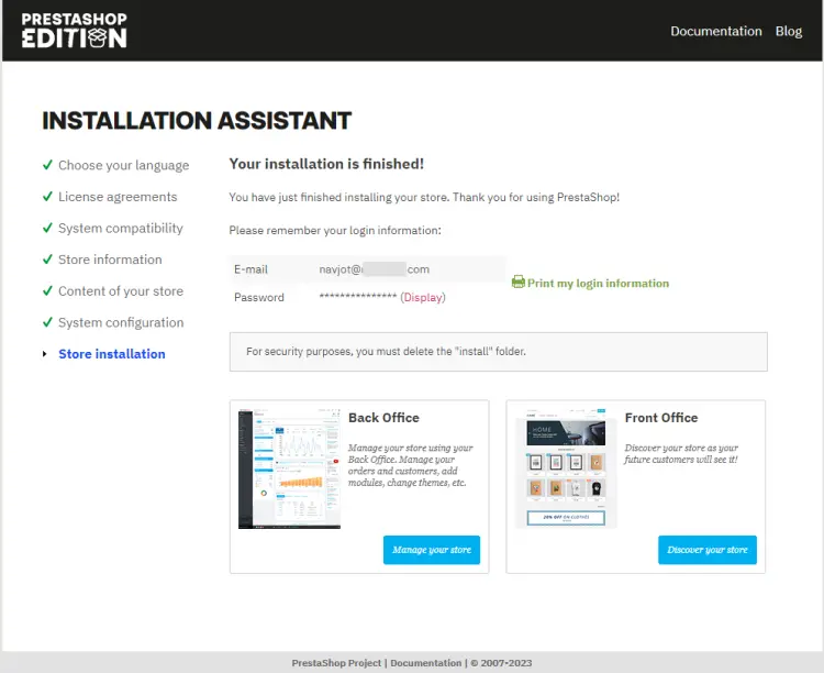 Page d'installation terminée de PrestaShop