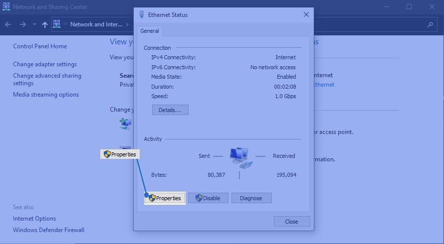 Ethernet-Eigenschaften - Windows 10