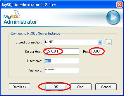 Paso 8 - Configura la configuración de conexión de MySQL Administrator.