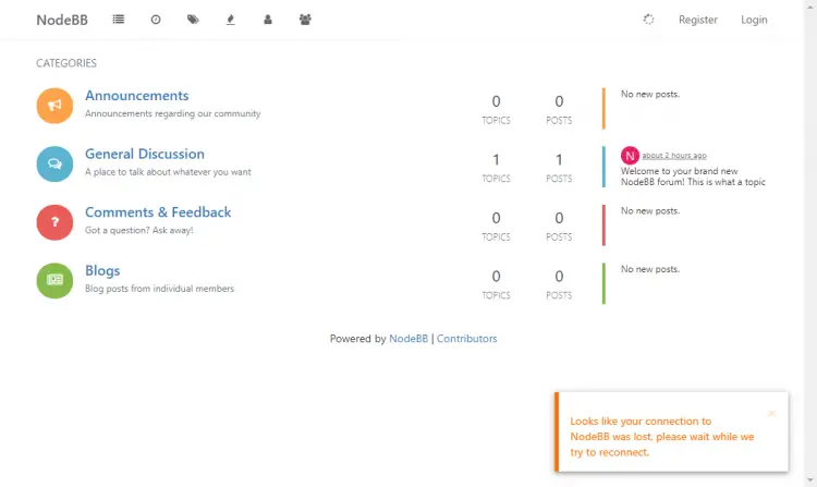 Homepage predefinita di NodeBB