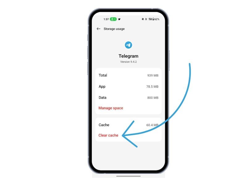 imagen mostrando la caché de telegram borrada